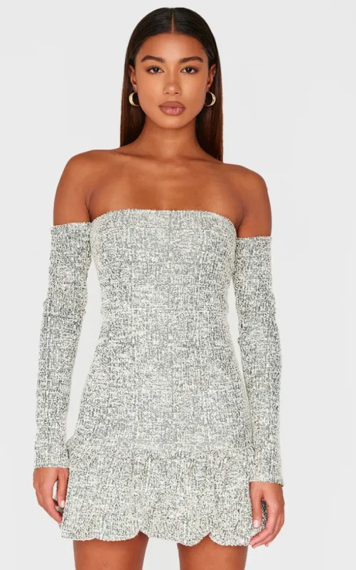 Khaki Bardot Boucle Puffball Mini Dress sold by Pretty Little Thing