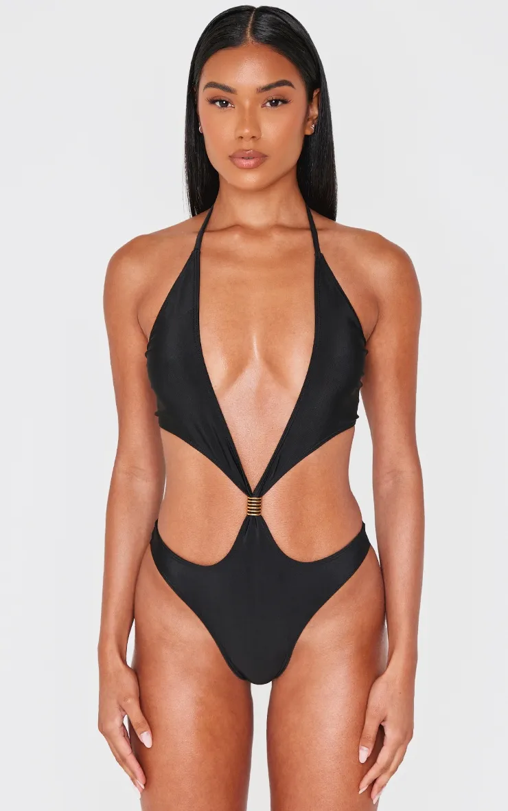 Black Extreme Cut Out Gold Trim Halter Tie Swimsuit sold by Pretty Little Thing