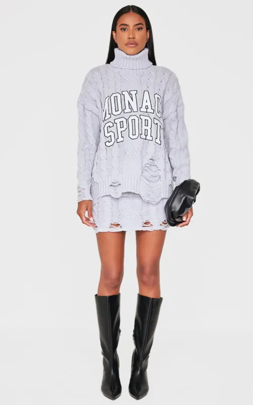 Grey Cable Knit Distressed Hem Fold Over Mini Skirt sold by Pretty Little Thing