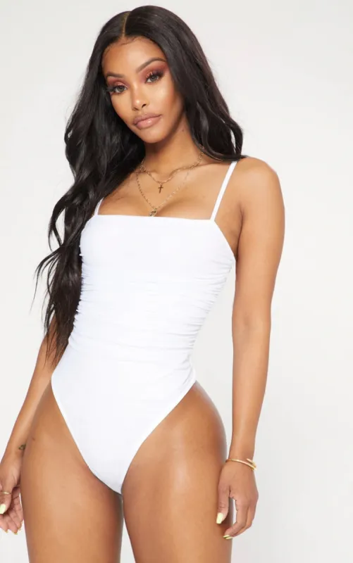 Shape White Mesh Ruched Detail Thong Bodysuit sold by Pretty Little Thing