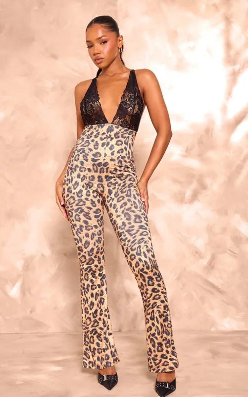 Leopard Printed Lace Halter Neck Slinky Jumpsuit sold by Pretty Little Thing