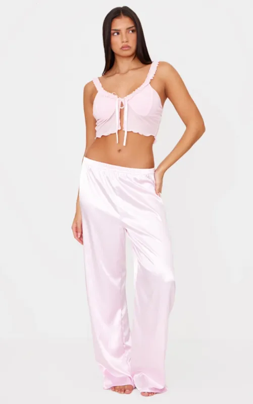 Pink Mesh Tie Front Cami Long Satin PJ Set sold by Pretty Little Thing