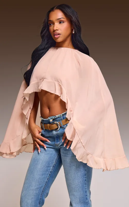 Light Nude Chiffon Frill Hem Cape Crop Top sold by Pretty Little Thing