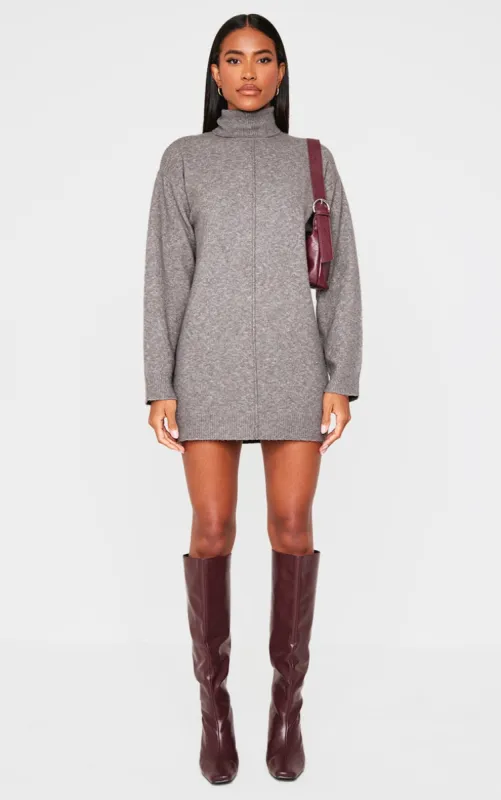 Charcoal Soft Knit Roll Neck Oversized Seam Detail Jumper Dress sold by Pretty Little Thing