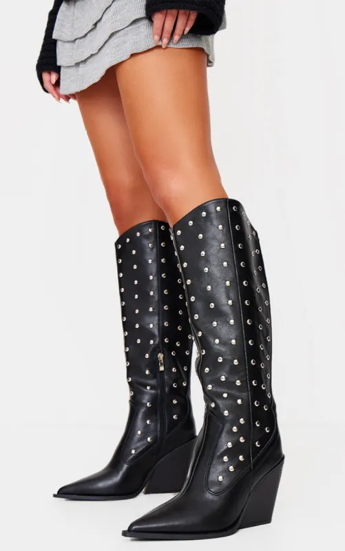 Black PU Point Toe Silver Stud Knee High Block Heel Western Boots sold by Pretty Little Thing
