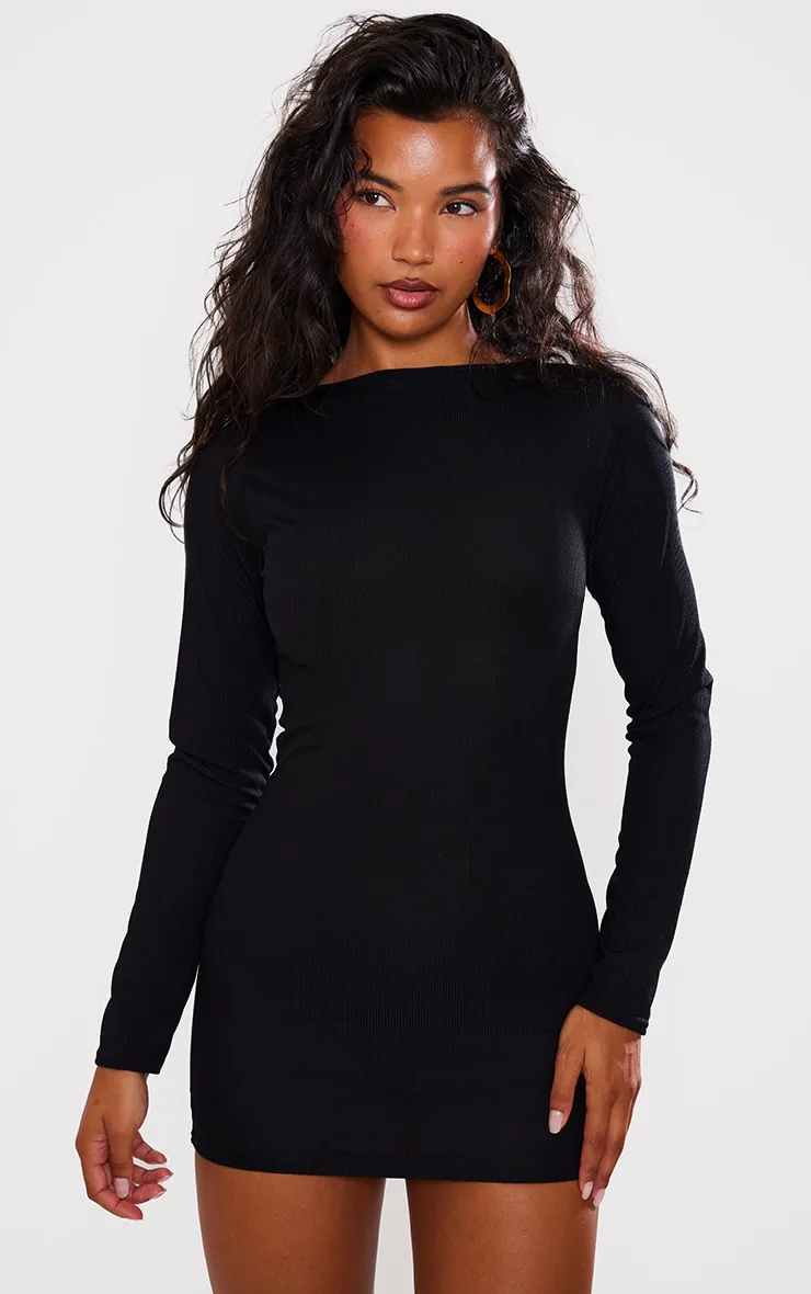 Black Ribbed Long Sleeve Bodycon Dress sold by Pretty Little Thing