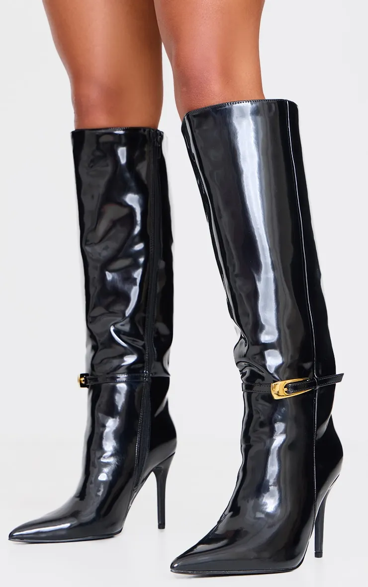 Black Patent PU Wide Fit Point Toe Knee High Stiletto Heeled Boots sold by Pretty Little Thing