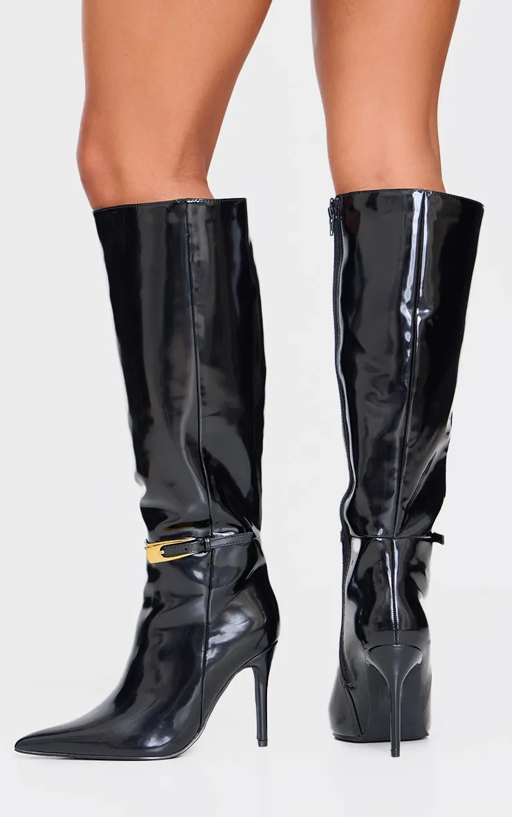 Black Patent PU Wide Fit Point Toe Knee High Stiletto Heeled Boots sold by Pretty Little Thing product image thumbnail 2