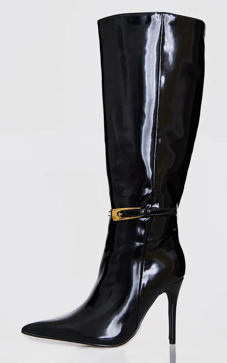 Black Patent PU Wide Fit Point Toe Knee High Stiletto Heeled Boots sold by Pretty Little Thing product image thumbnail 3