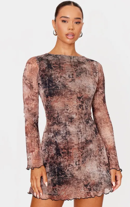 Grey Mesh Long Sleeve Tie Back Shift Dress sold by Pretty Little Thing