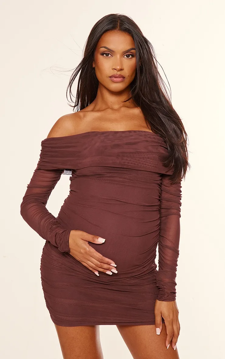 Maternity Chocolate Mesh Ruched Long Sleeve Mini Dress sold by Pretty Little Thing