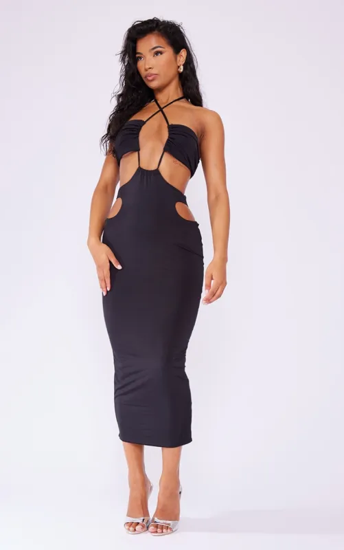 Black Slinky Multi Cut Out Cross Neck Midaxi Dress sold by Pretty Little Thing
