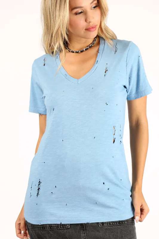 Distressed V-Neck Slub Tee in Cerulean Blue sold by Prince Peter Collection