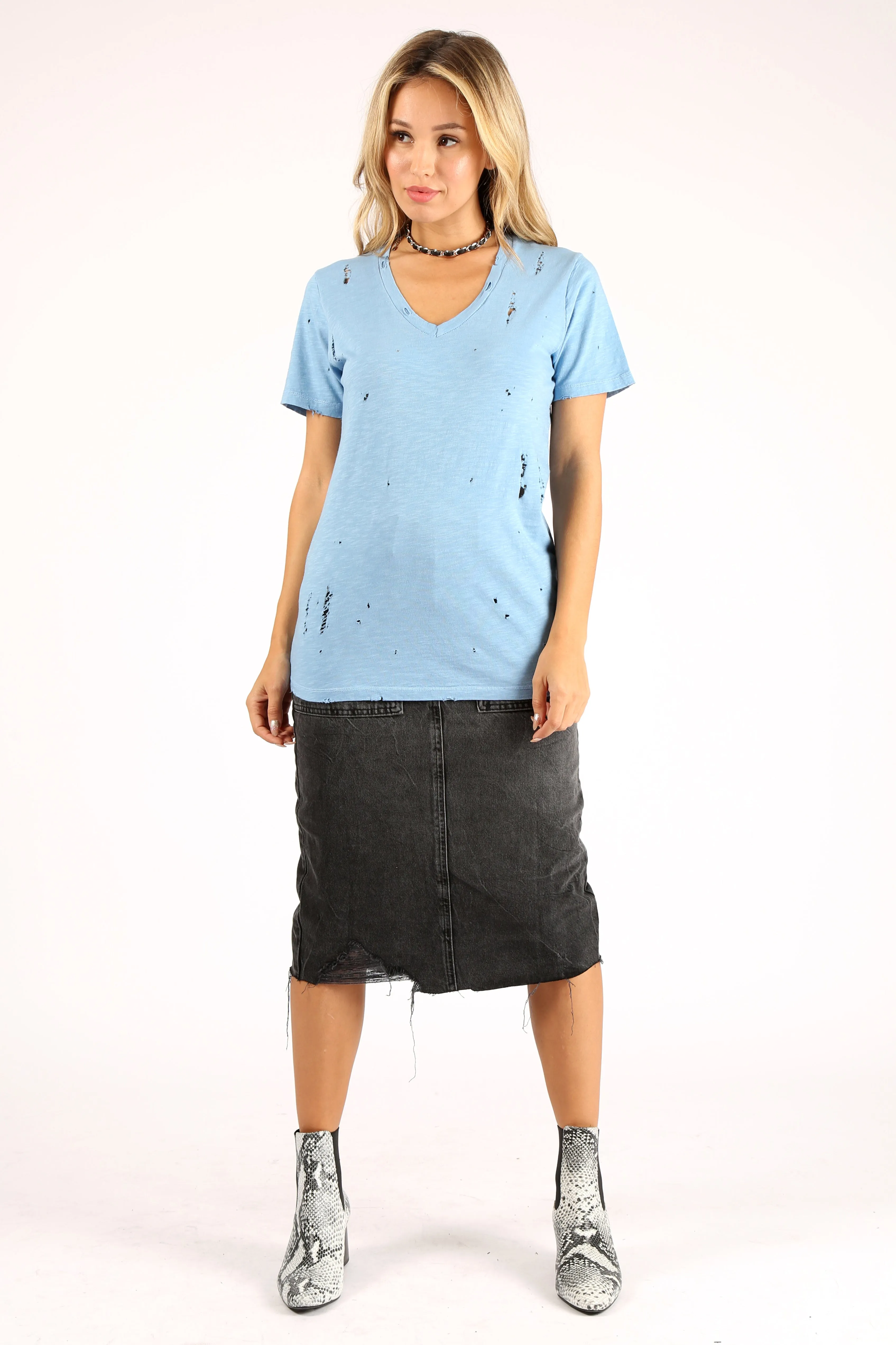 Distressed V-Neck Slub Tee in Cerulean Blue sold by Prince Peter Collection product image thumbnail 2