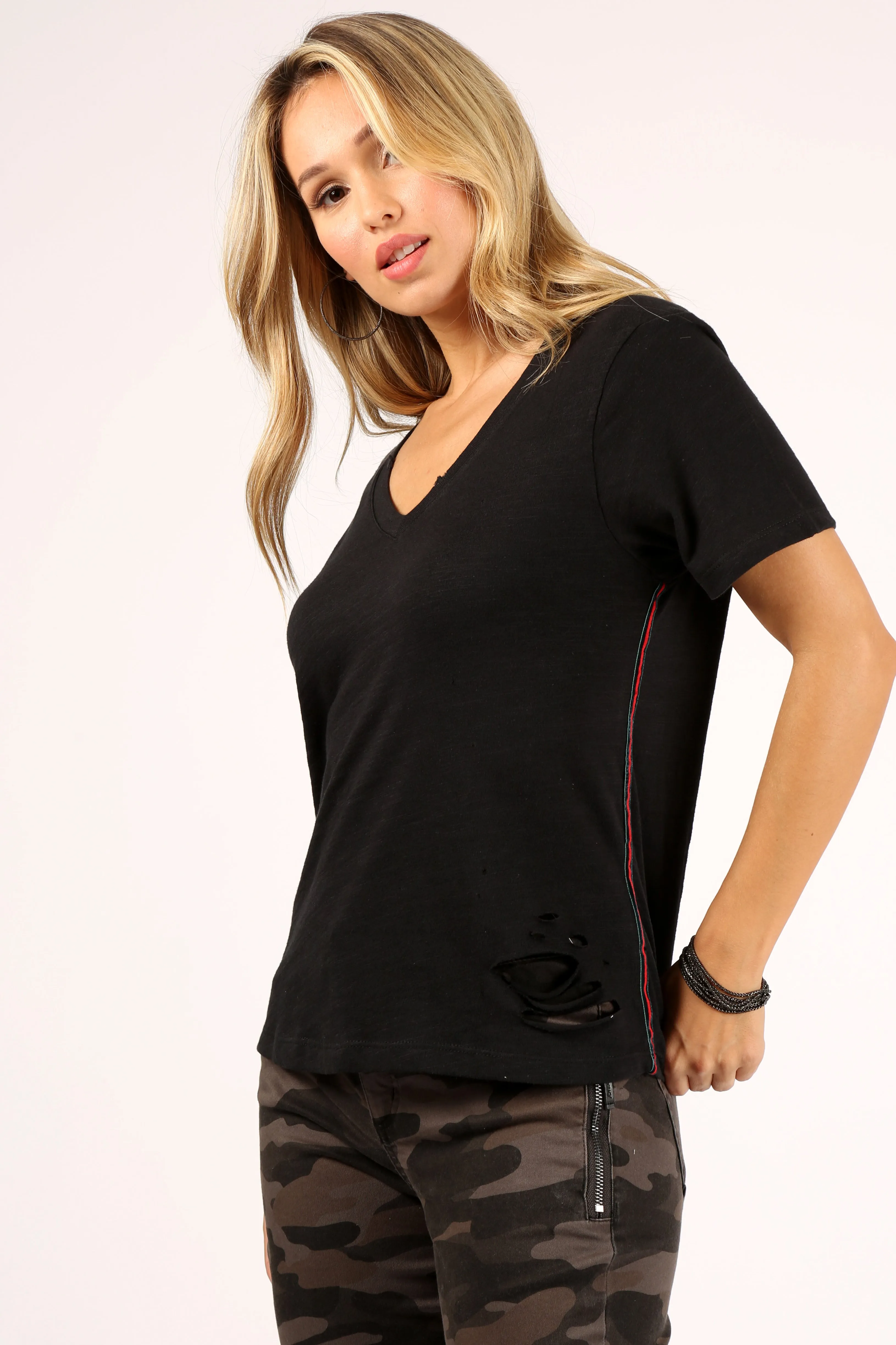 Distressed V-Neck Slub Tee With Taping sold by Prince Peter Collection product image thumbnail 2