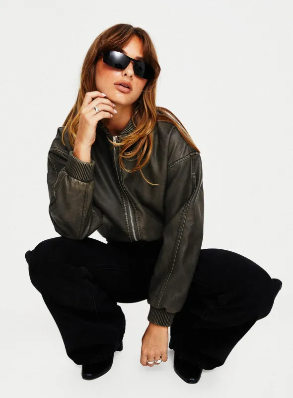 Project Faux Leather Jacket Washed Green sold by Princess Polly