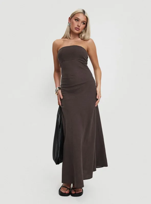 Yahir Strapless Maxi Dress Brown sold by Princess Polly