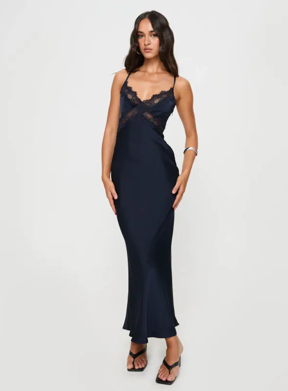 Treasure Bias Cut Maxi Dress Navy sold by Princess Polly