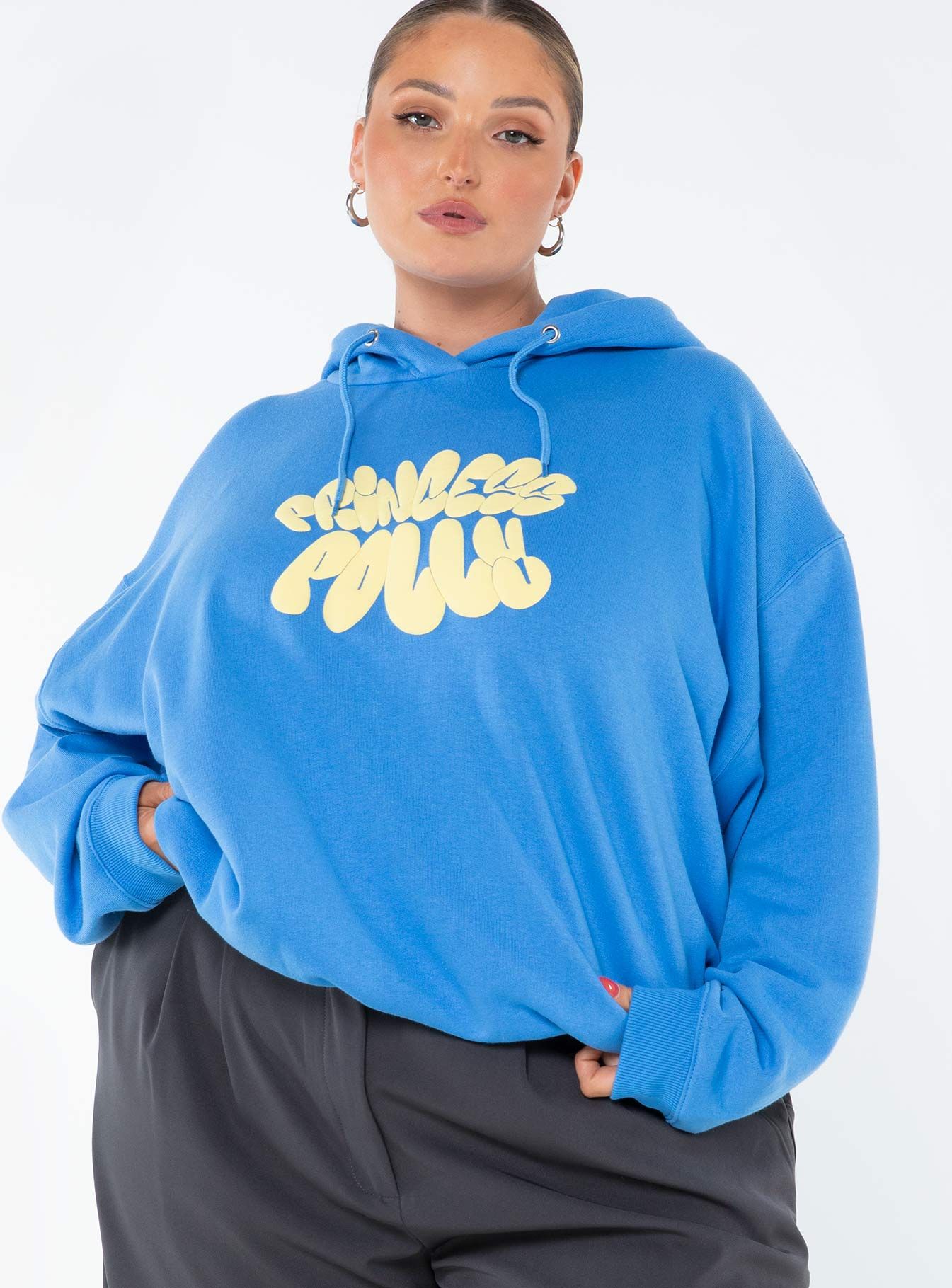 Princess Polly Hoodie Sweatshirt Bubble Text Blue / Yellow Curve sold by Princess Polly product image thumbnail 2