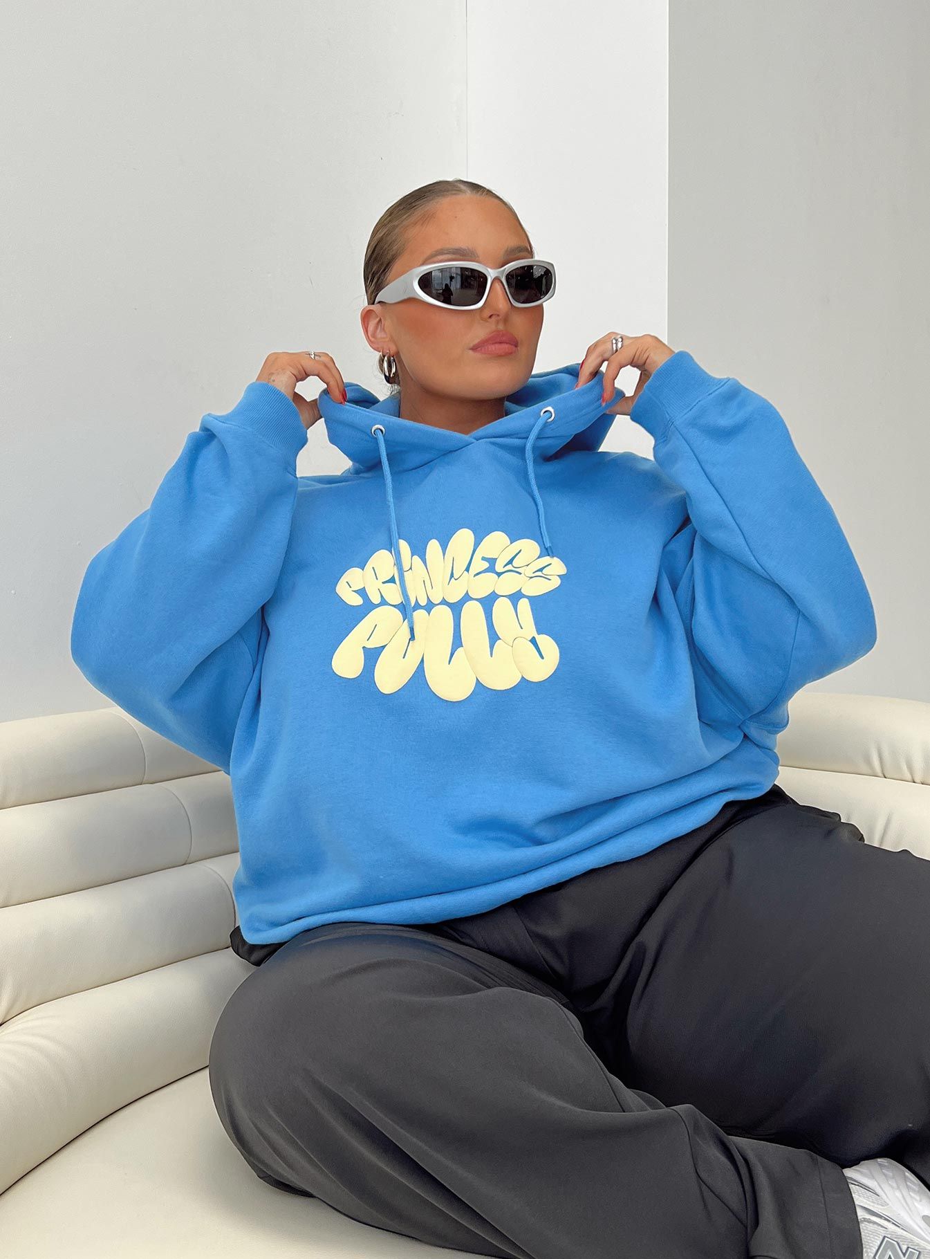 Princess Polly Hoodie Sweatshirt Bubble Text Blue / Yellow Curve sold by Princess Polly