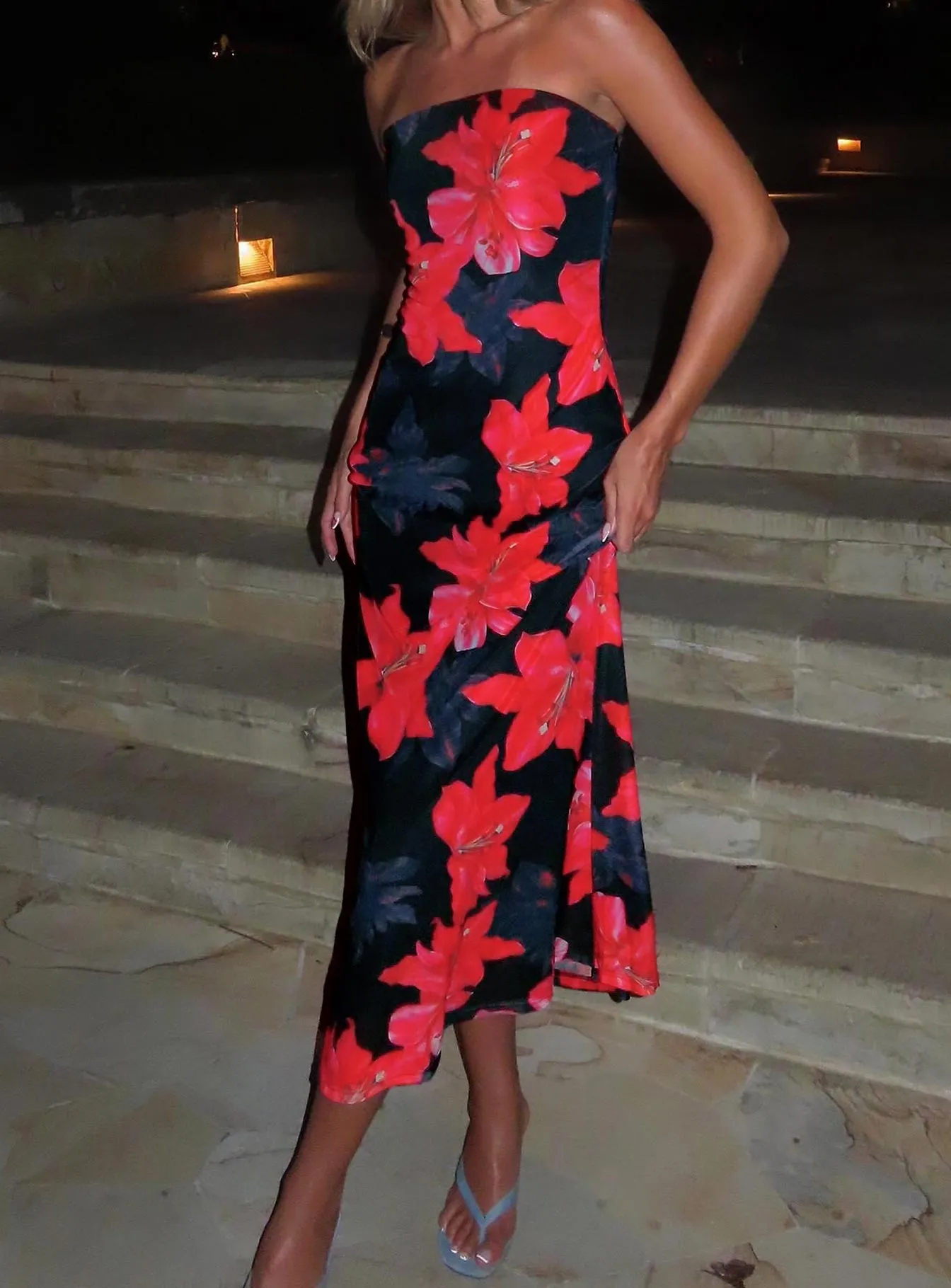 Celik Strapless Maxi Dress Black / Floral sold by Princess Polly