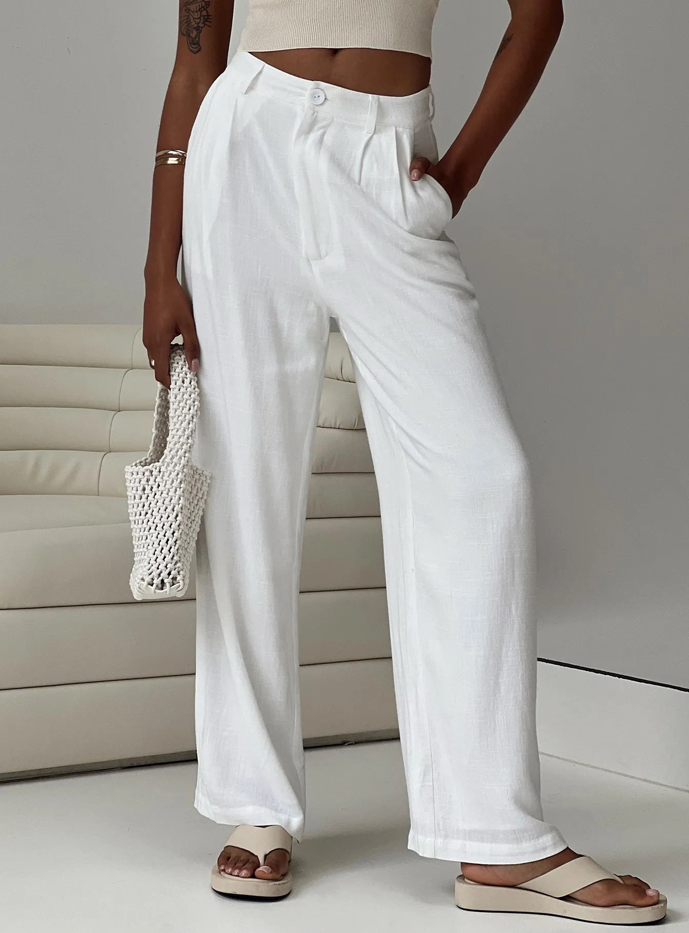 Brenda Linen Blend Pants White sold by Princess Polly