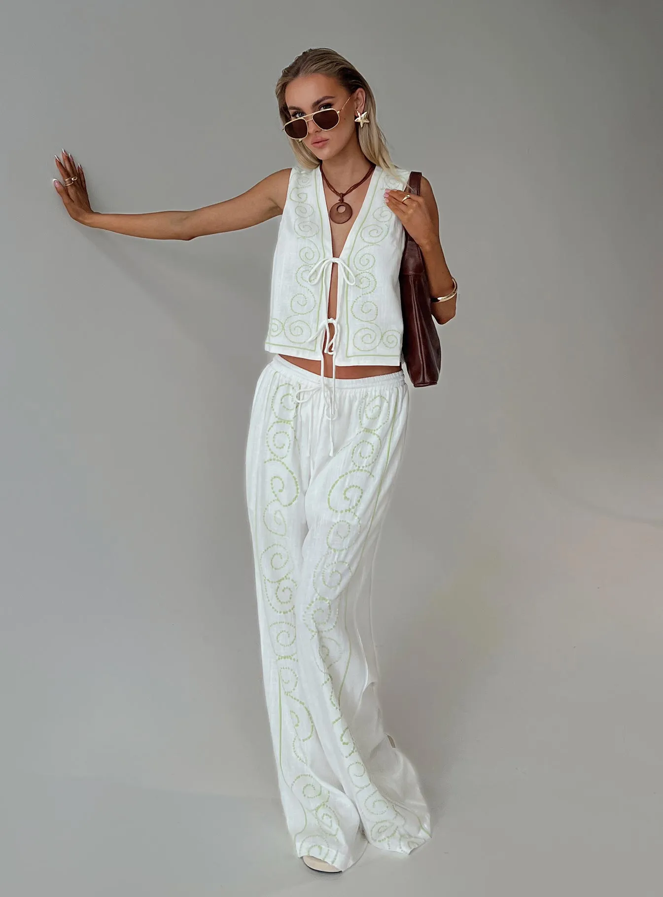 Kindred Pants White / Green sold by Princess Polly