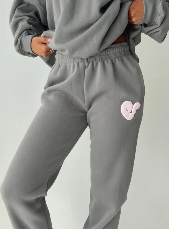 Princess Polly Track Pants Bubble Text Charcoal / Light Pink sold by Princess Polly
