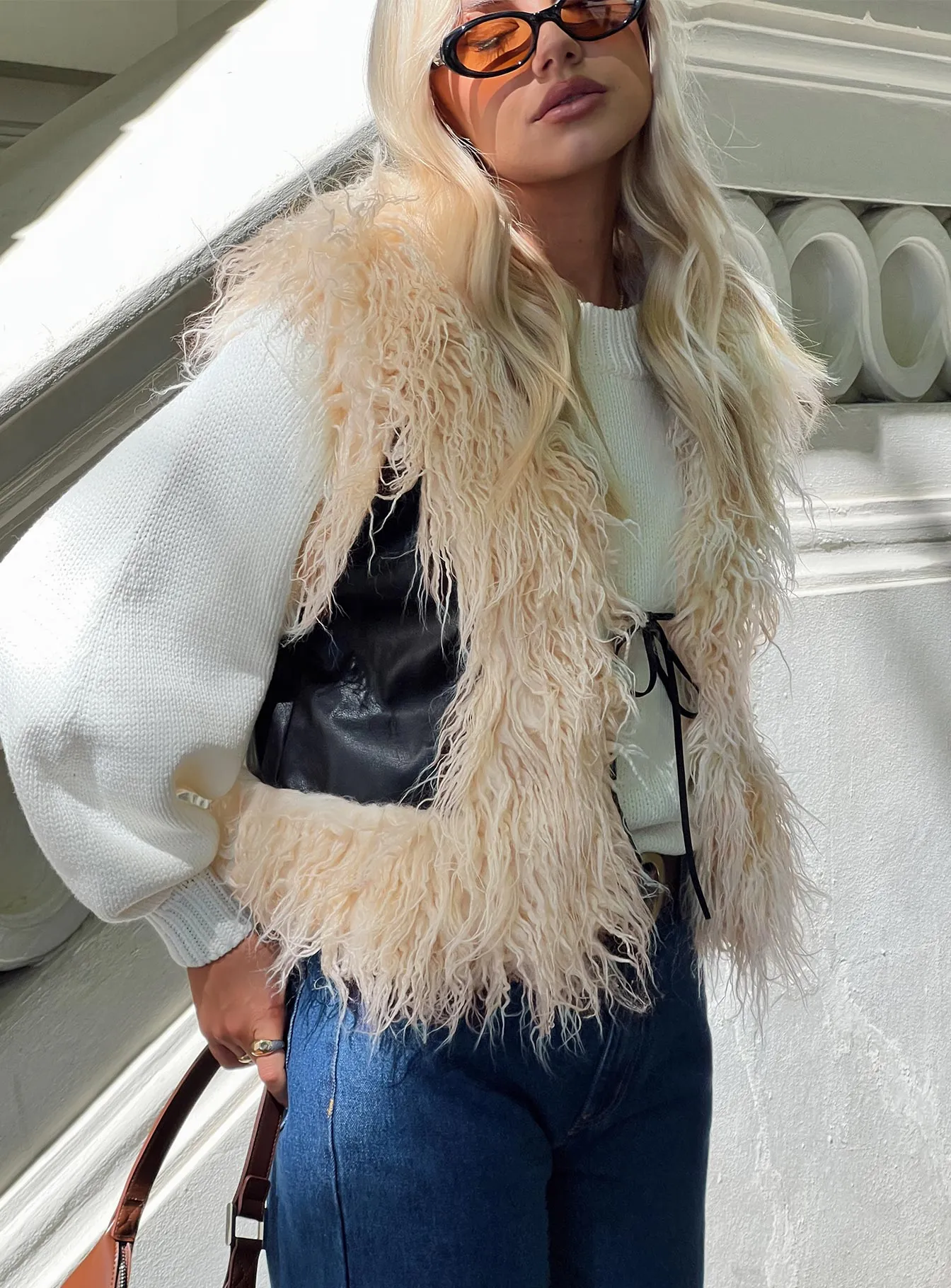 Out & About Shearling Vest Cream / Black sold by Princess Polly