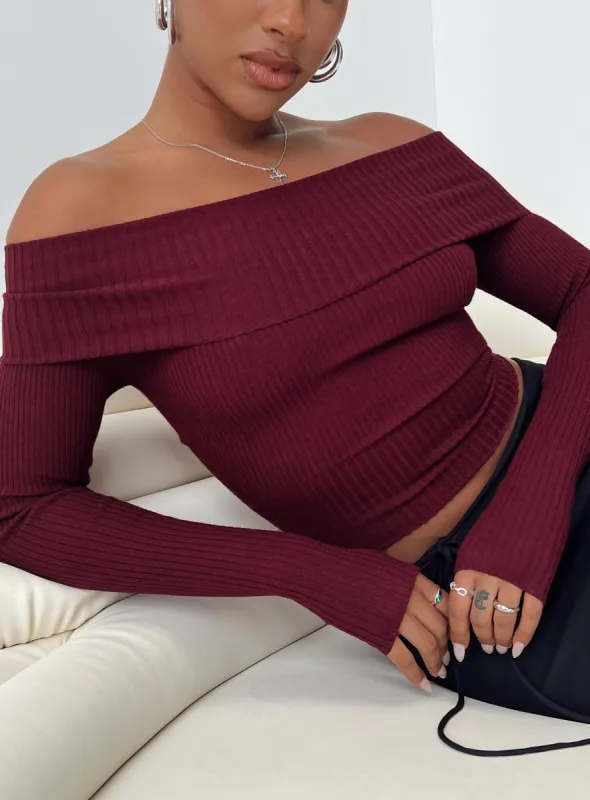 Morley Off Shoulder Sweater Burgundy sold by Princess Polly