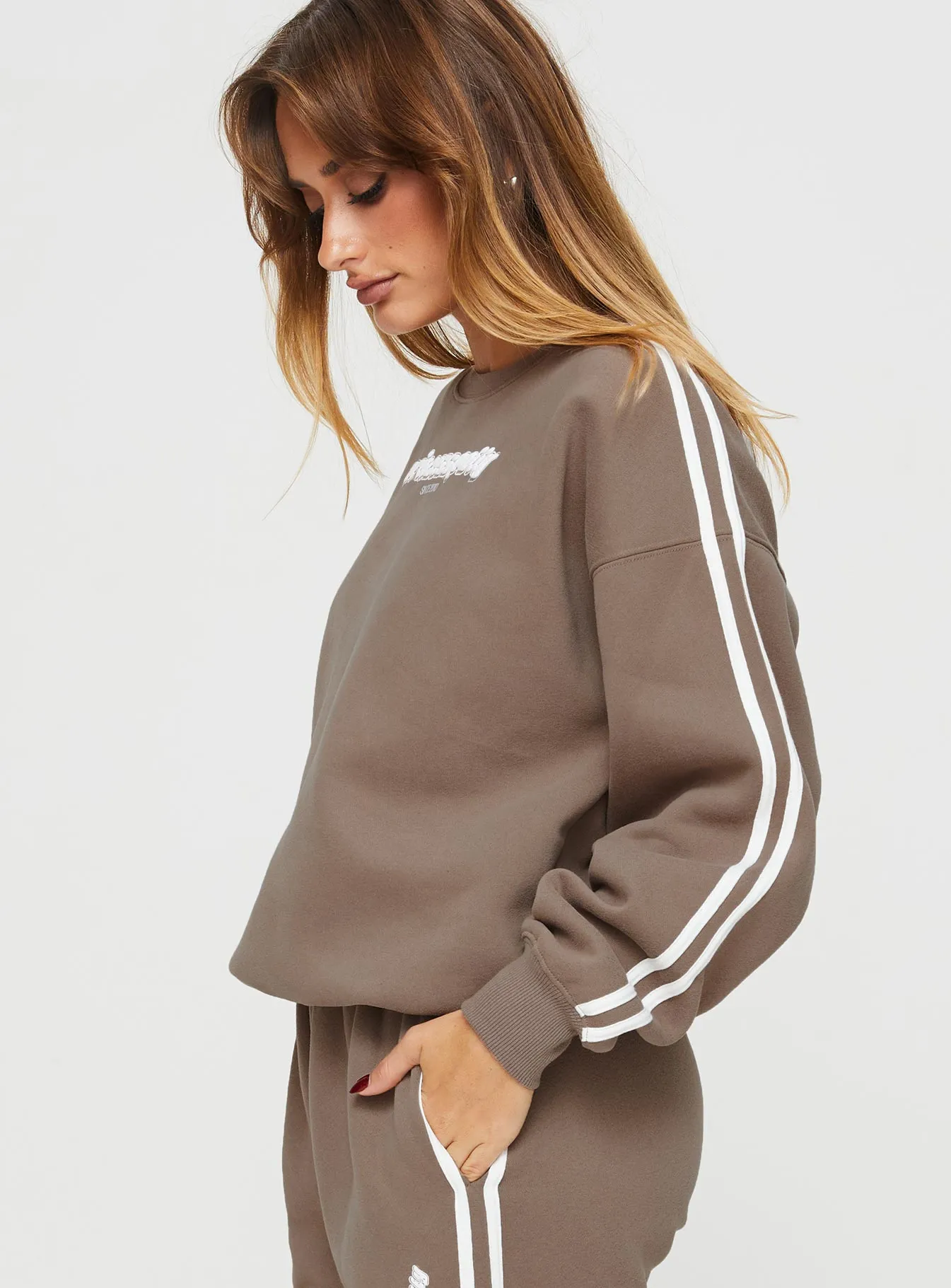 Princess Polly Crew Neck Sweatshirt Stripe Taupe / White sold by Princess Polly product image thumbnail 4