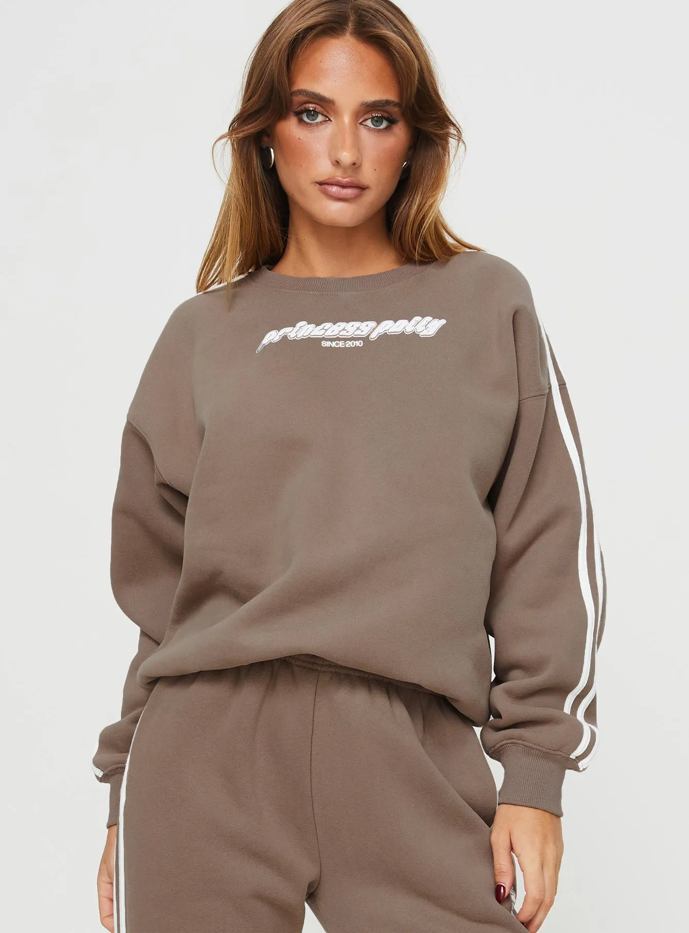 Princess Polly Crew Neck Sweatshirt Stripe Taupe / White sold by Princess Polly product image thumbnail 2