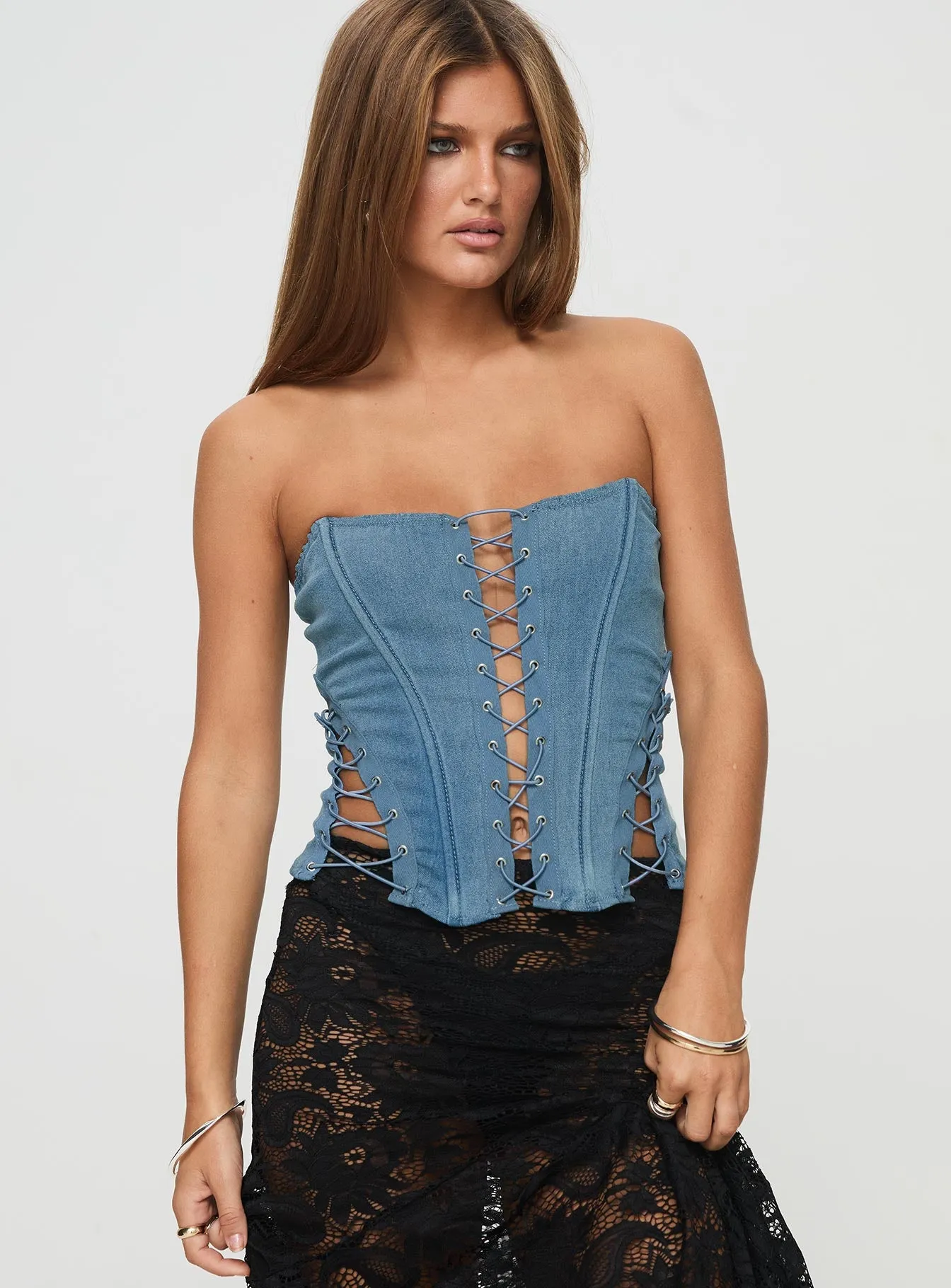 Eden Lace Up Corset Denim Mid Wash sold by Princess Polly product image thumbnail 2