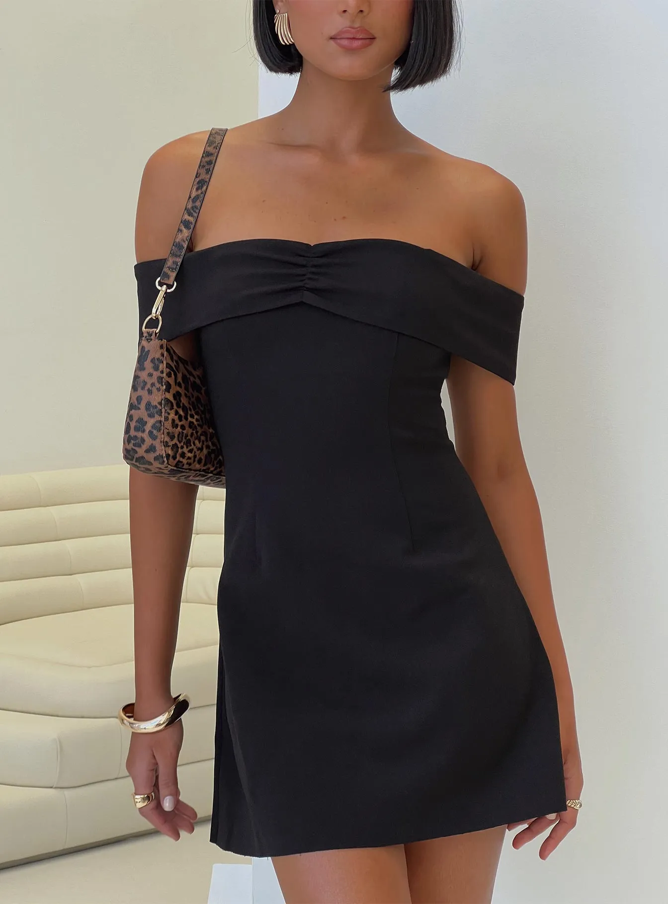 Lanes Off The Shoulder Mini Dress Black sold by Princess Polly