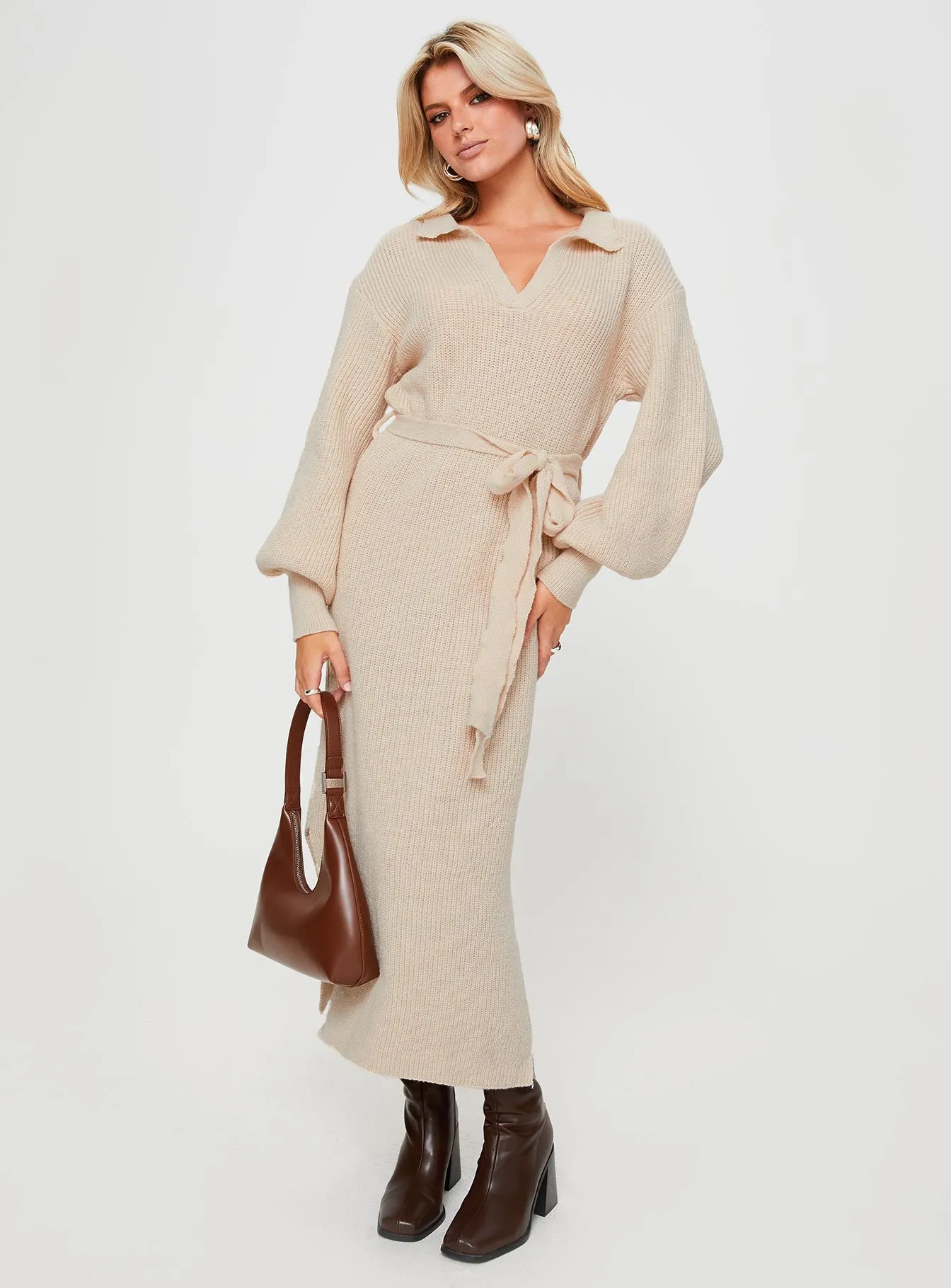 Oriel Long Sleeve Knit Maxi Dress Beige sold by Princess Polly product image thumbnail 2