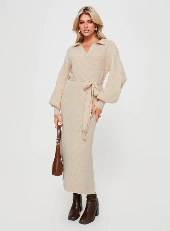 Oriel Long Sleeve Knit Maxi Dress Beige sold by Princess Polly