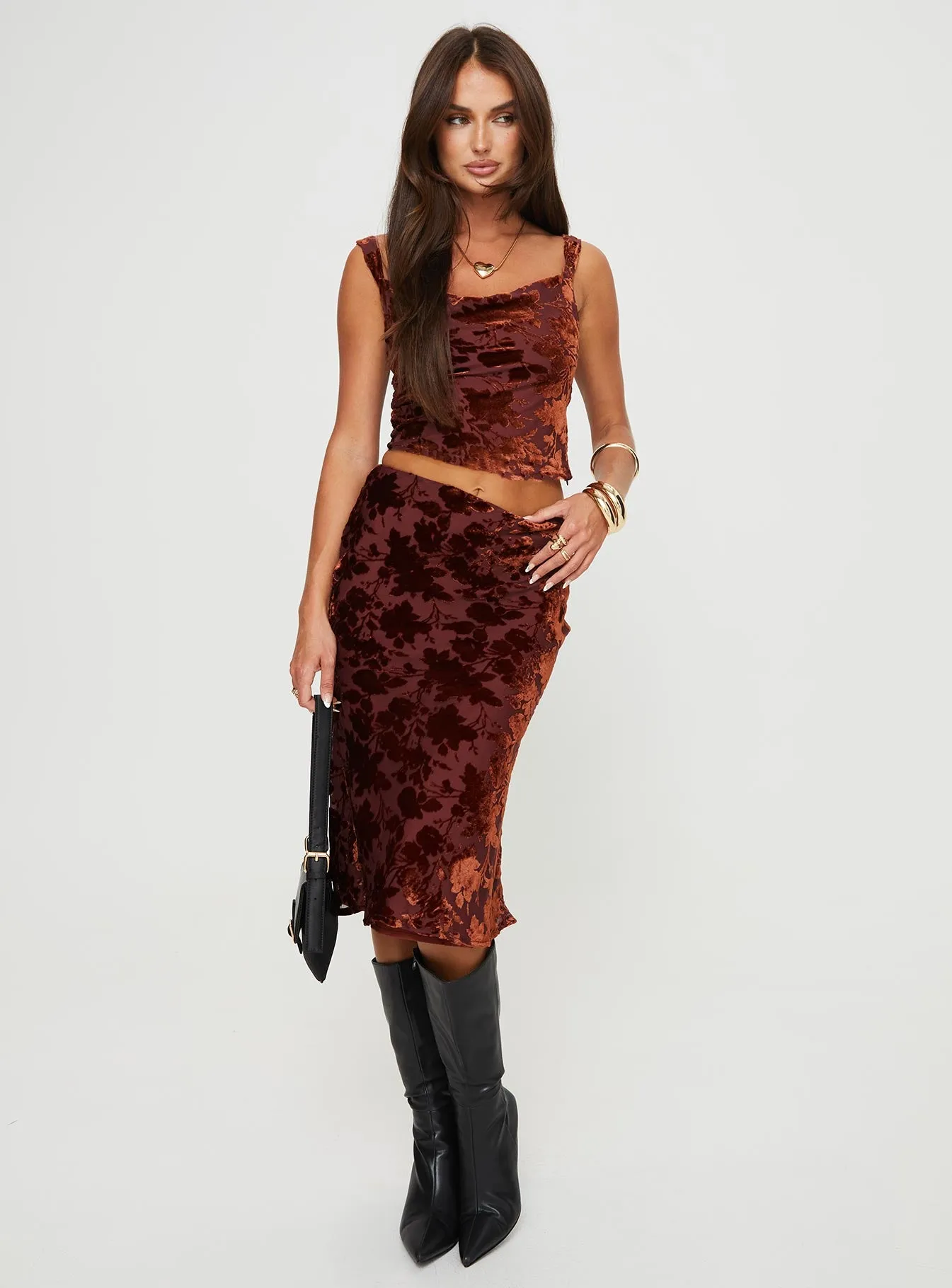 Devore Midi Skirt Burgundy sold by Princess Polly product image thumbnail 2
