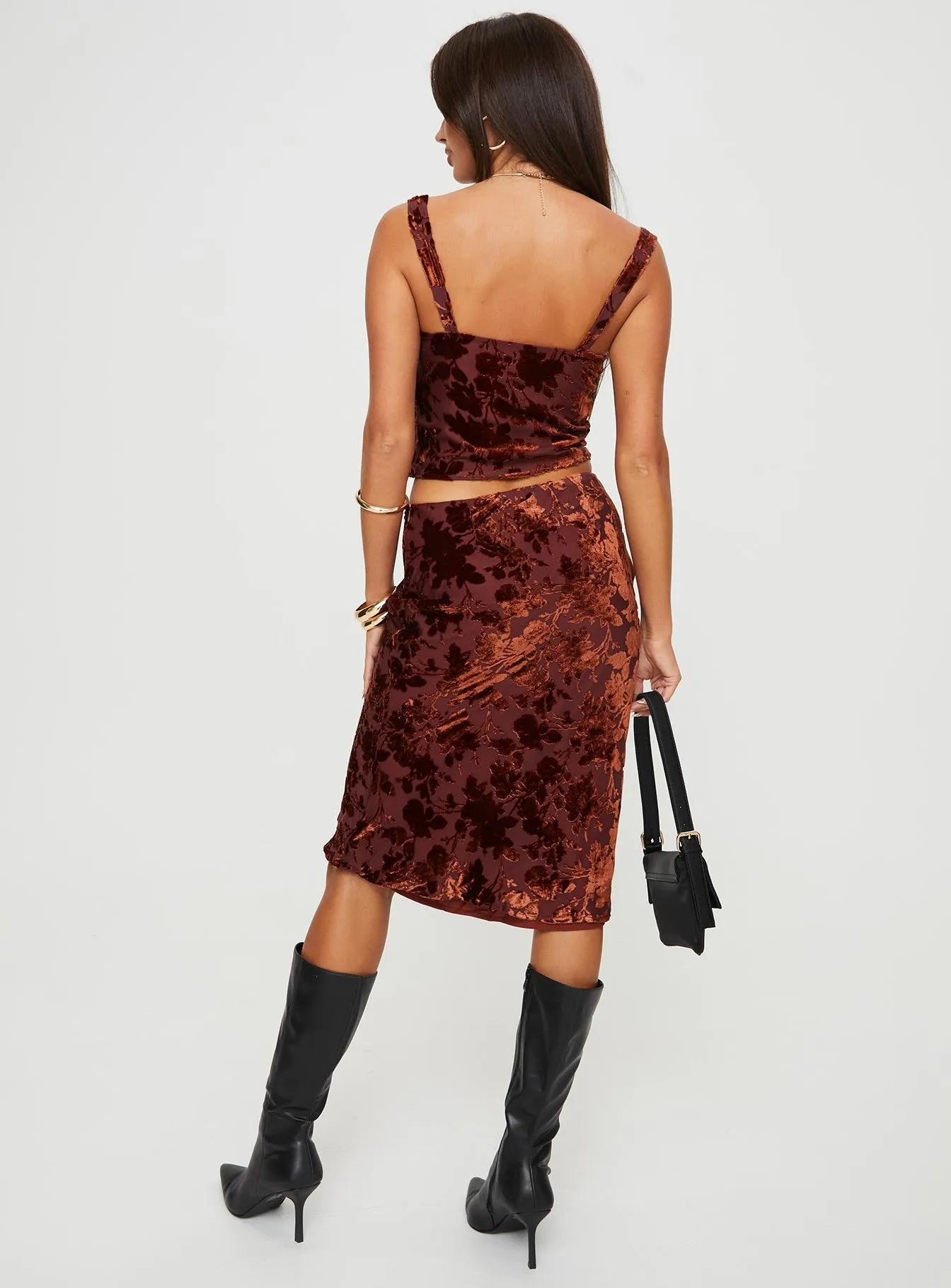 Devore Midi Skirt Burgundy sold by Princess Polly product image thumbnail 5