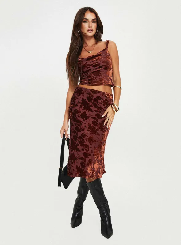 Devore Midi Skirt Burgundy sold by Princess Polly