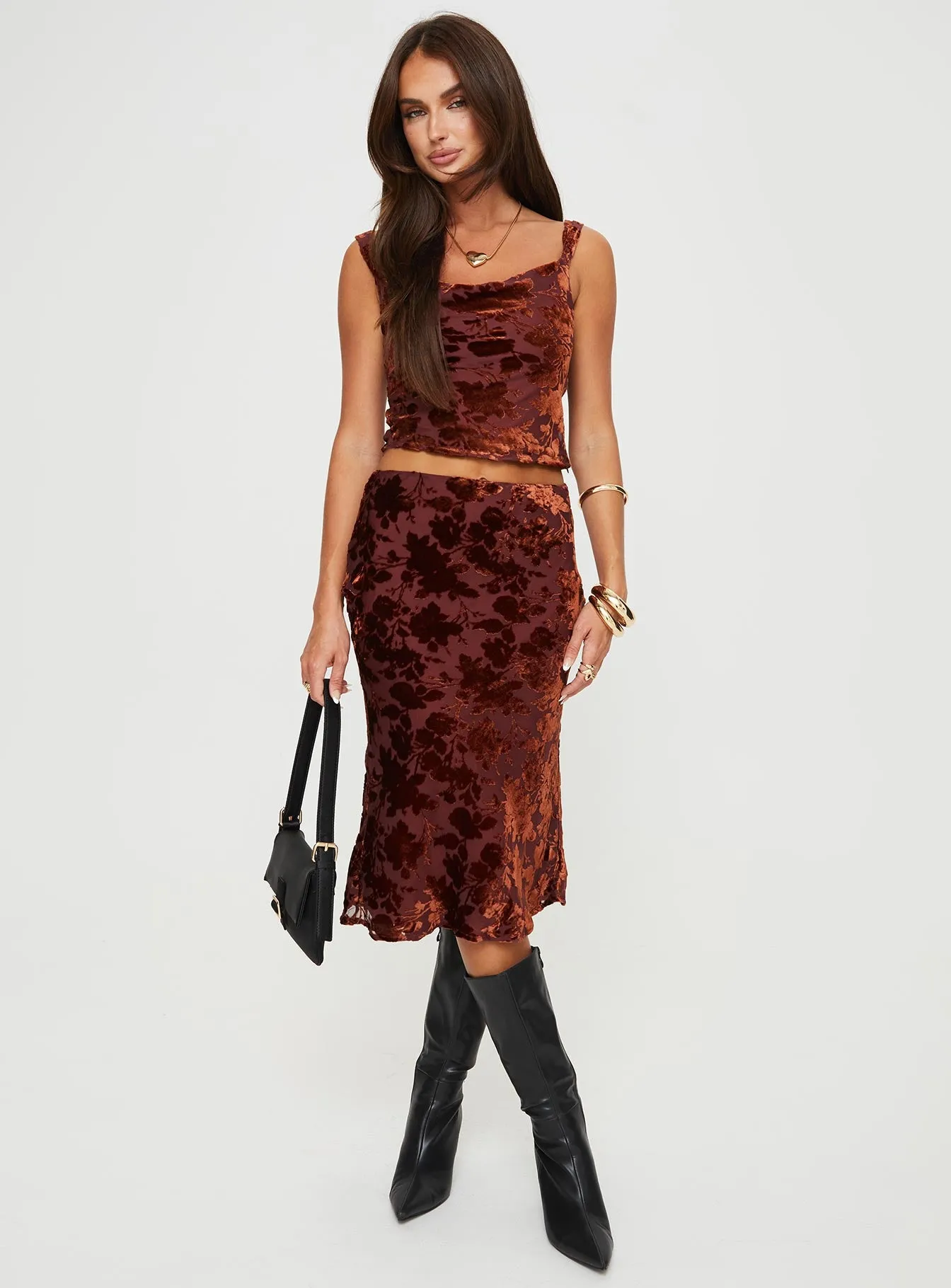 Devore Midi Skirt Burgundy sold by Princess Polly product image thumbnail 3