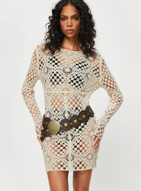 Atzaro Crochet Mini Dress Almond sold by Princess Polly