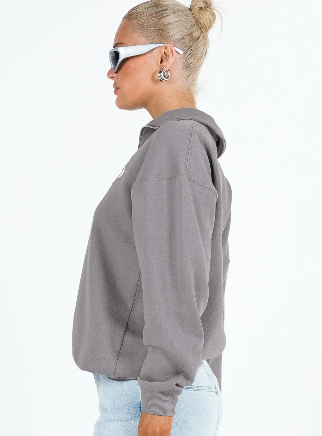 Princess Polly Quarter Zip Sweatshirt Cursive Text Charcoal / Light Pink sold by Princess Polly product image thumbnail 4