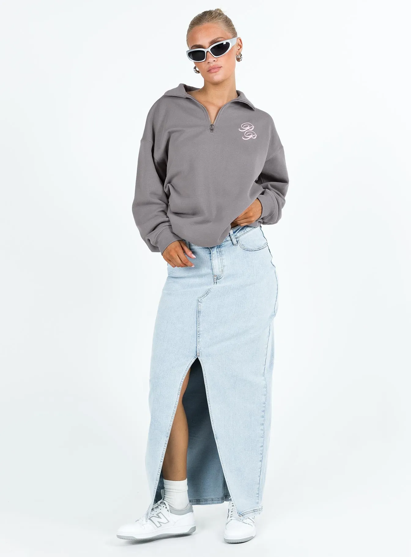 Princess Polly Quarter Zip Sweatshirt Cursive Text Charcoal / Light Pink sold by Princess Polly product image thumbnail 3