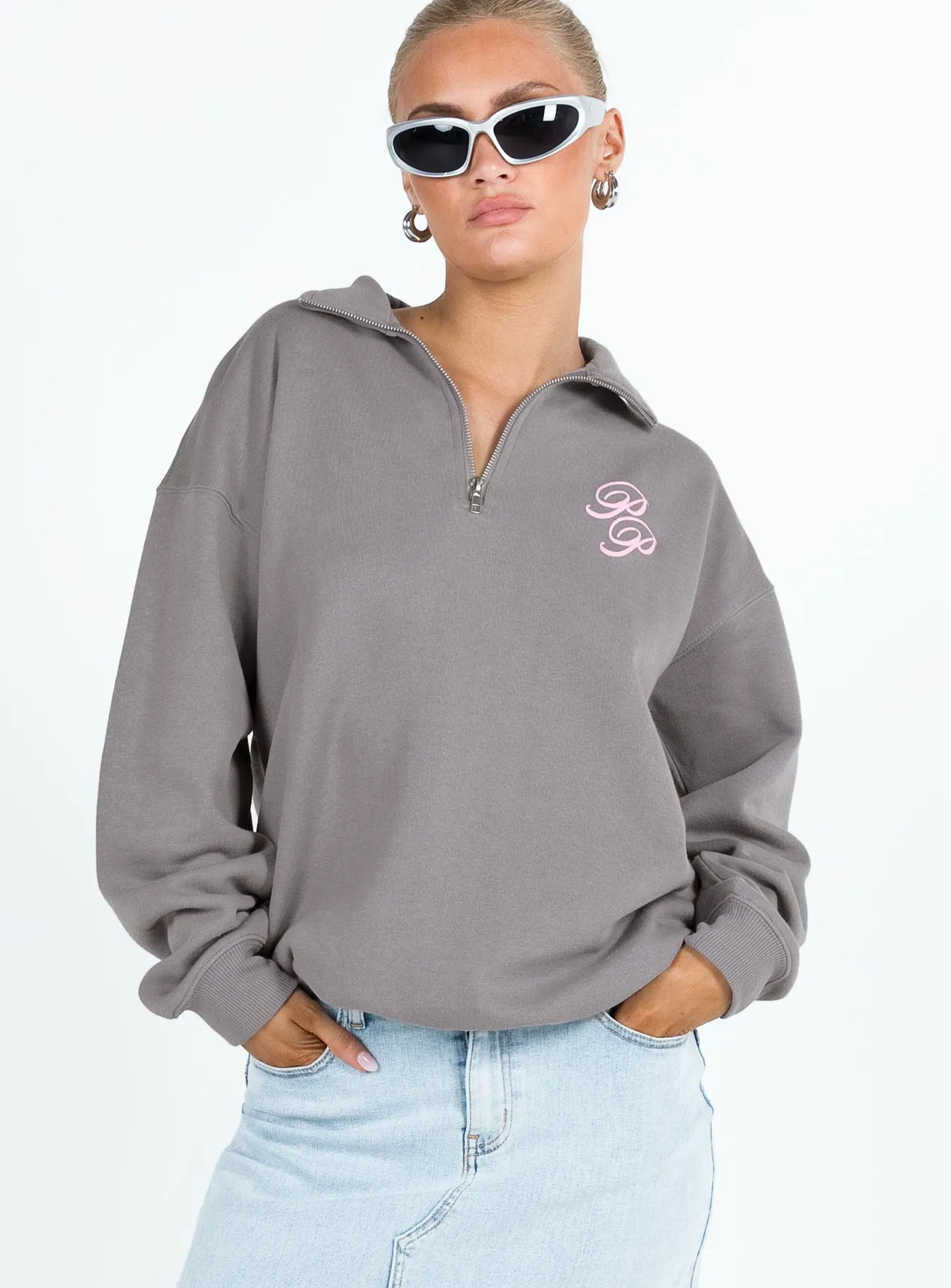 Princess Polly Quarter Zip Sweatshirt Cursive Text Charcoal / Light Pink sold by Princess Polly product image thumbnail 2
