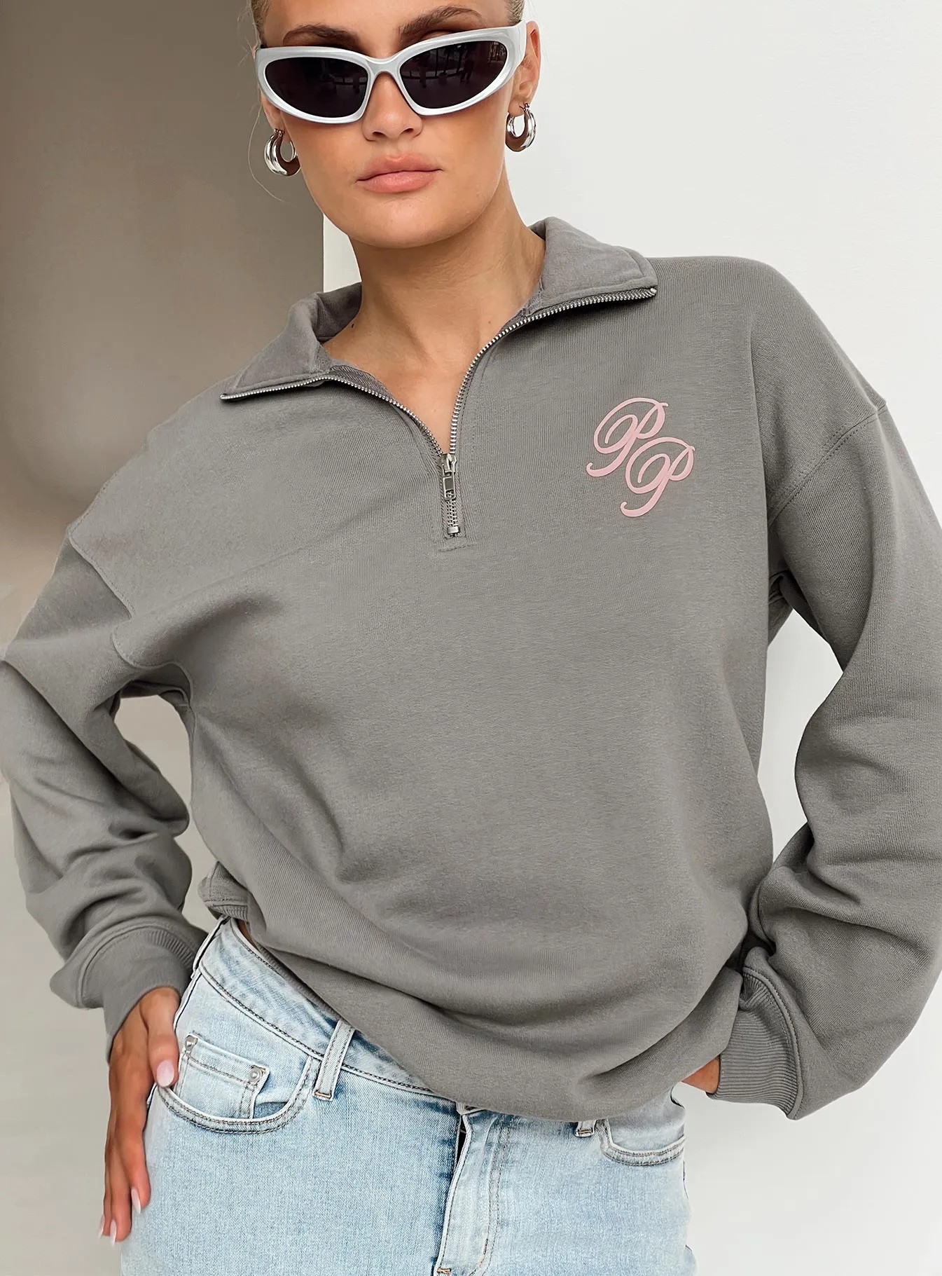 Princess Polly Quarter Zip Sweatshirt Cursive Text Charcoal / Light Pink sold by Princess Polly