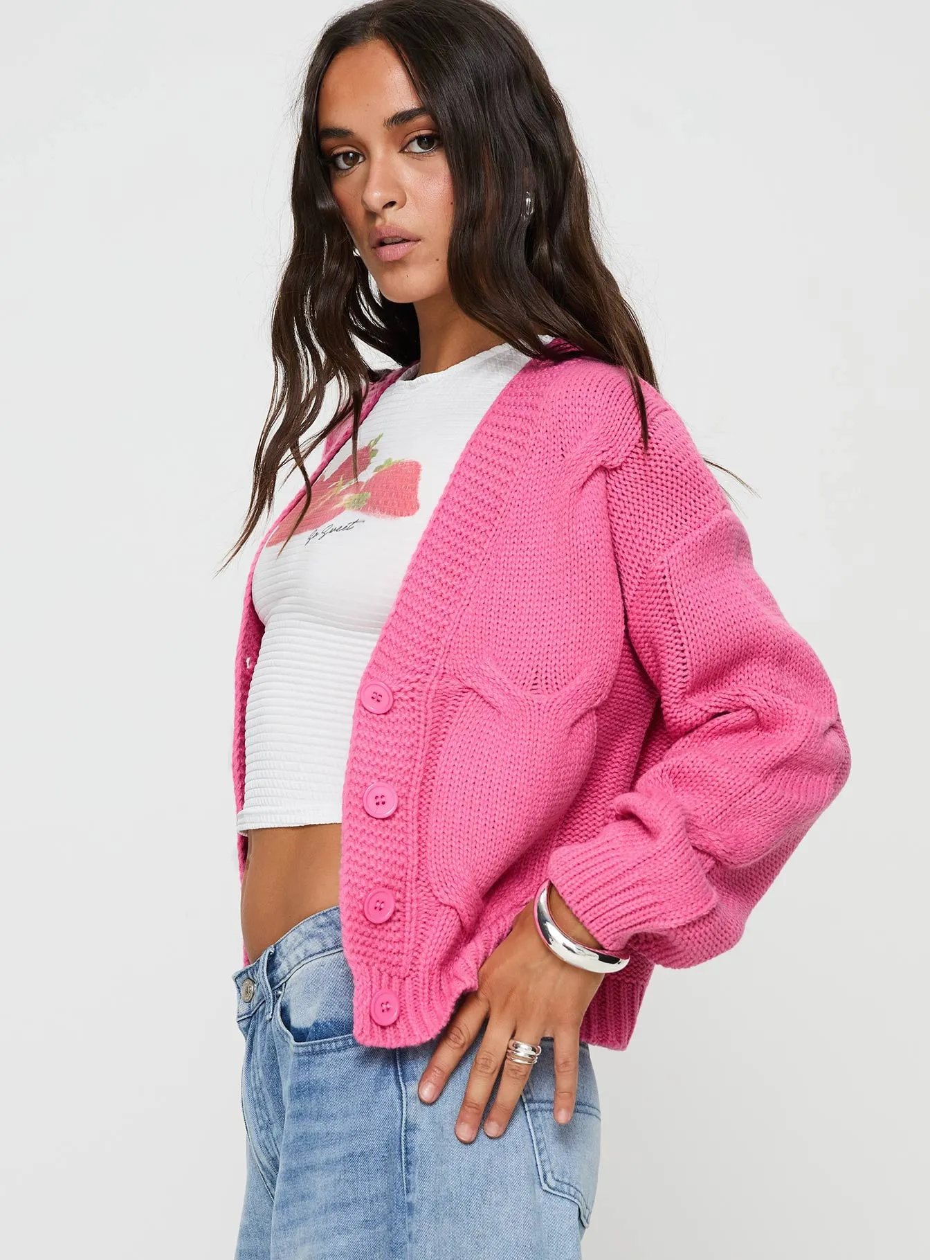 Kinzley Cable Knit Cardigan Pink sold by Princess Polly product image thumbnail 3