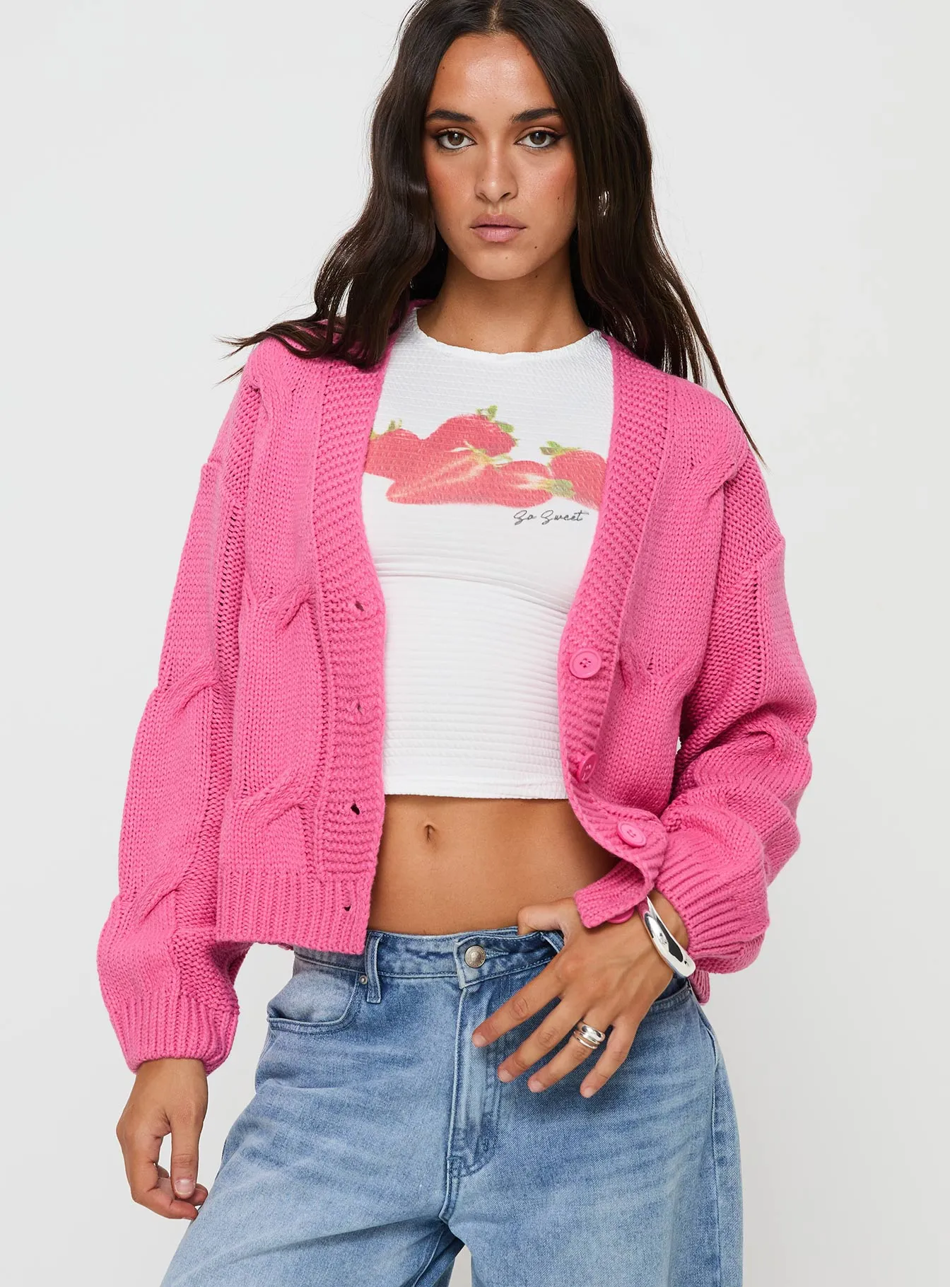 Kinzley Cable Knit Cardigan Pink sold by Princess Polly