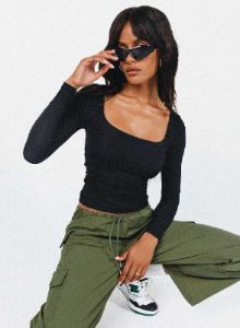 Arthie Long Sleeve Top Black Low Impact sold by Princess Polly