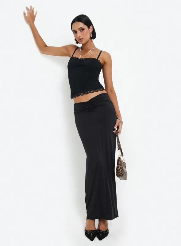 Kalyn Ruched Front Maxi Skirt Black sold by Princess Polly