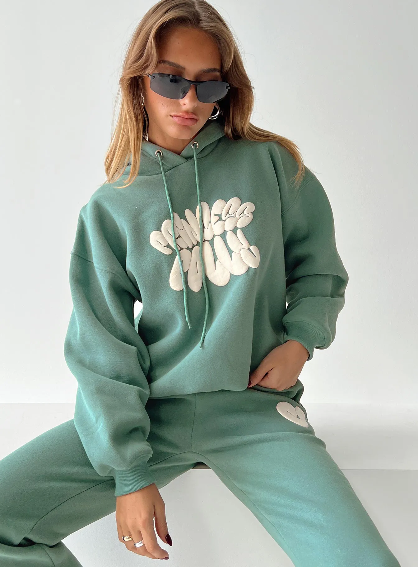 Princess Polly Hooded Sweatshirt Bubble Text Sage / Eggshell sold by Princess Polly